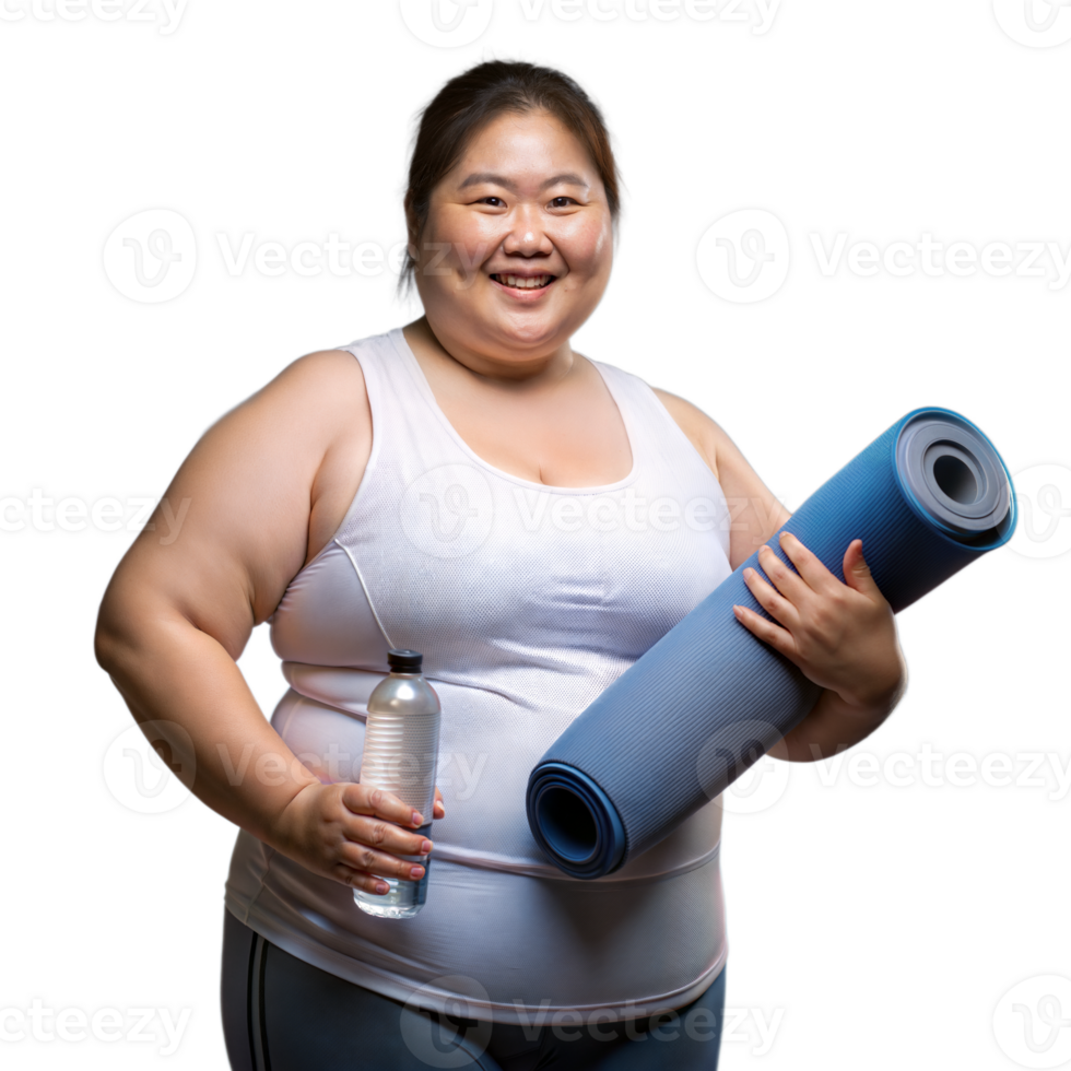 Woman with yoga mat and water bottle on transparent background png