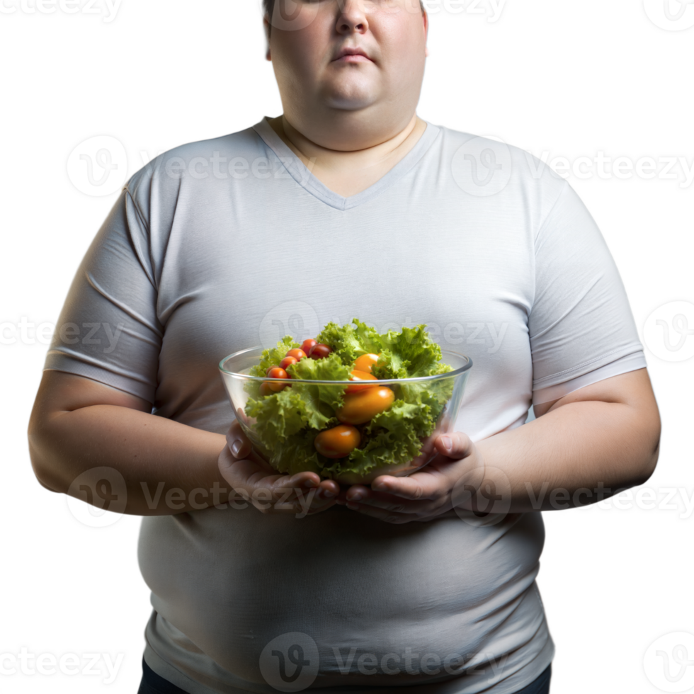 Overweight person holding bowl of fresh salad on transparent background png