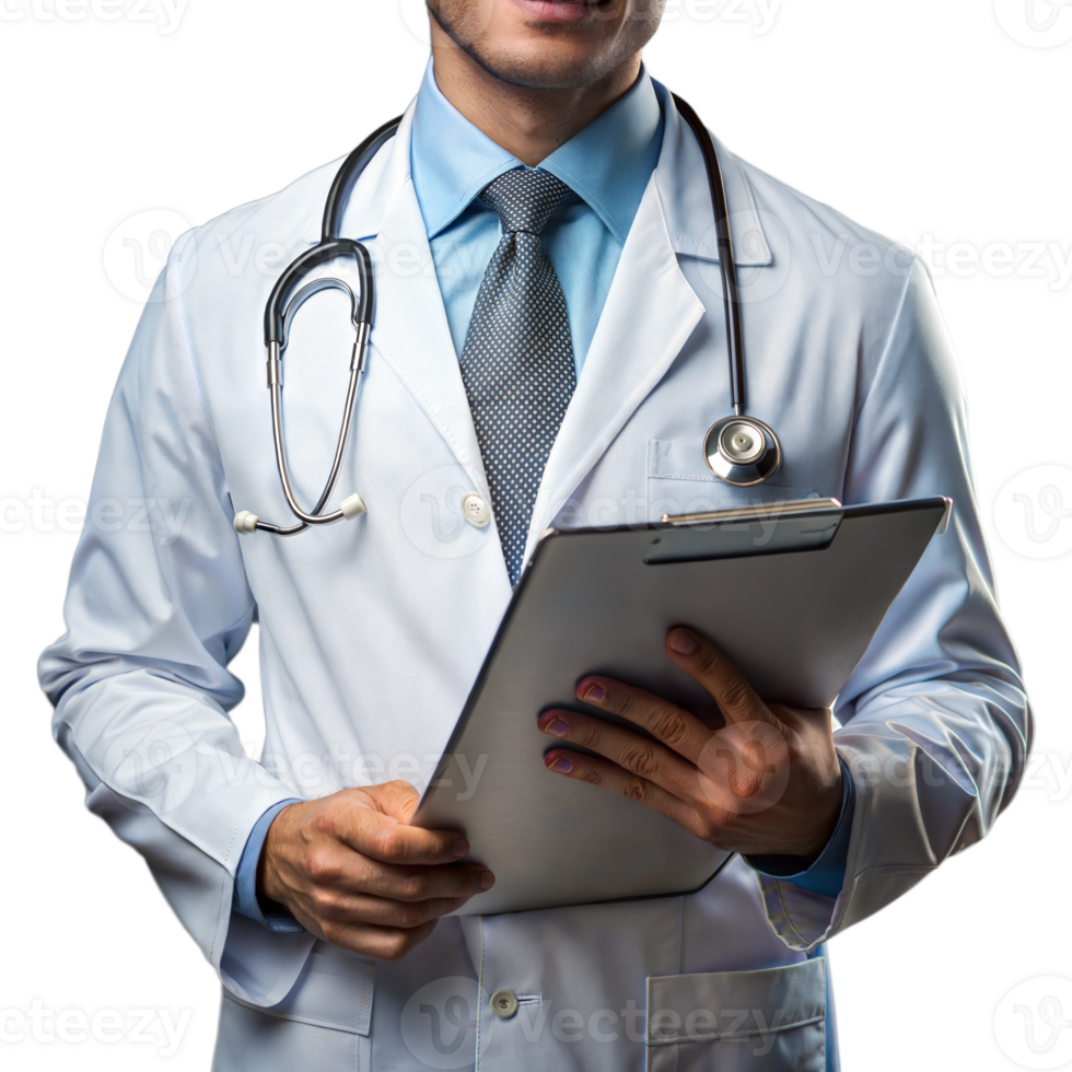Confident doctor holding clipboard on transparent background png