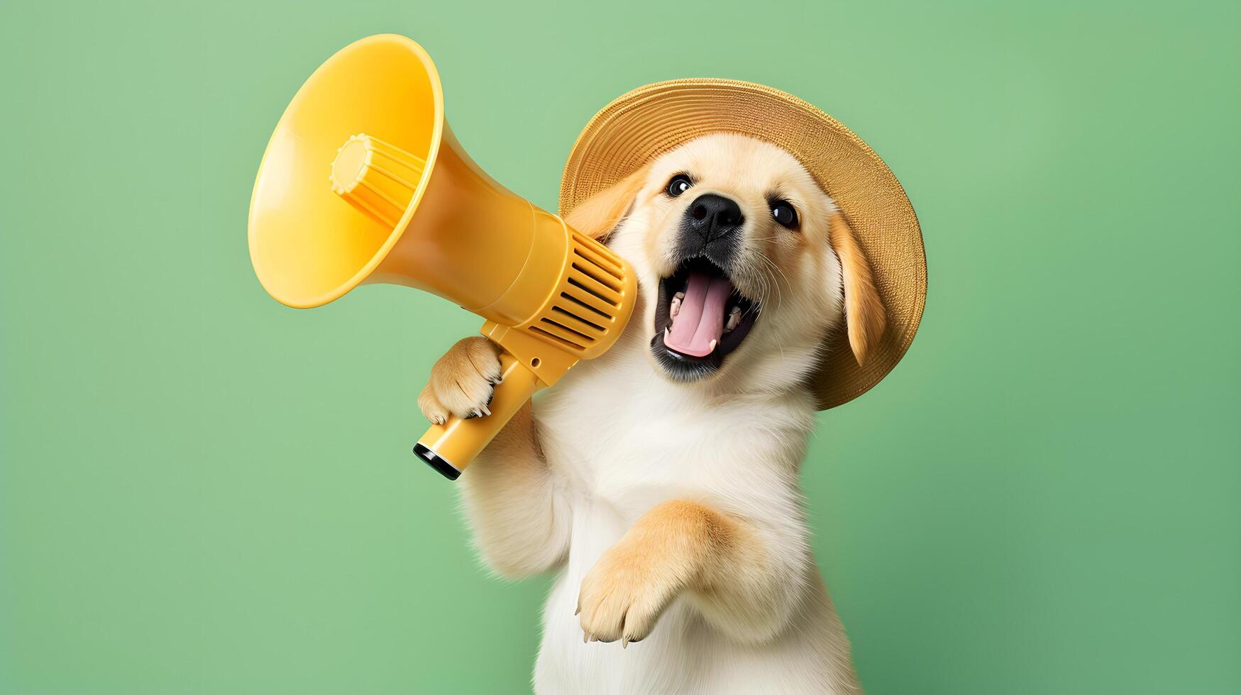 Little dog announcing using megaphone. Notifying, warning, announcement. photo