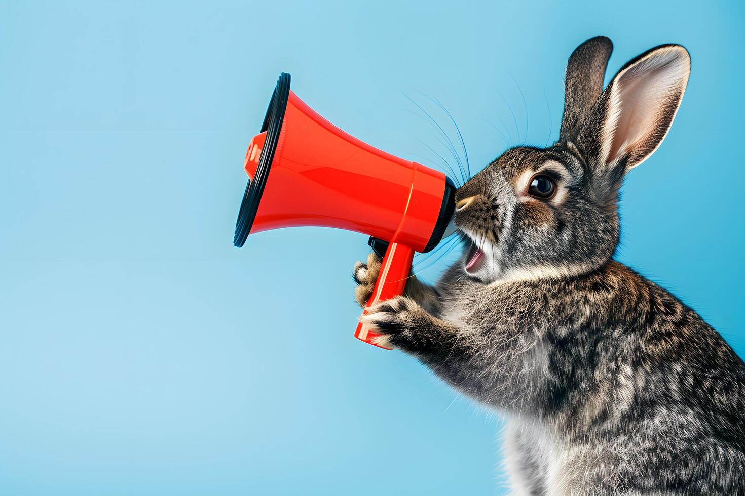 Rabbit announcing using megaphone. Notifying, warning, announcement. photo