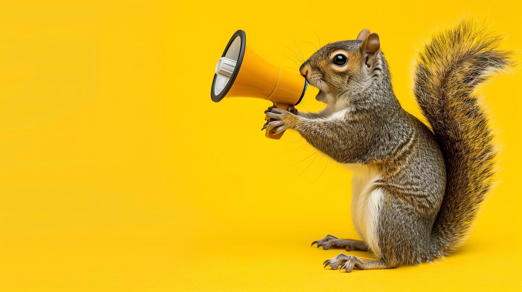Squirrel announcing using megaphone. Notifying, warning, announcement. photo