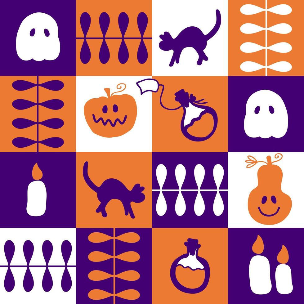 Geometric magic Halloween checkered seamless pattern. Witchcraft print for paper, textile and fabric. Hand drawn illustration for decor and design. vector
