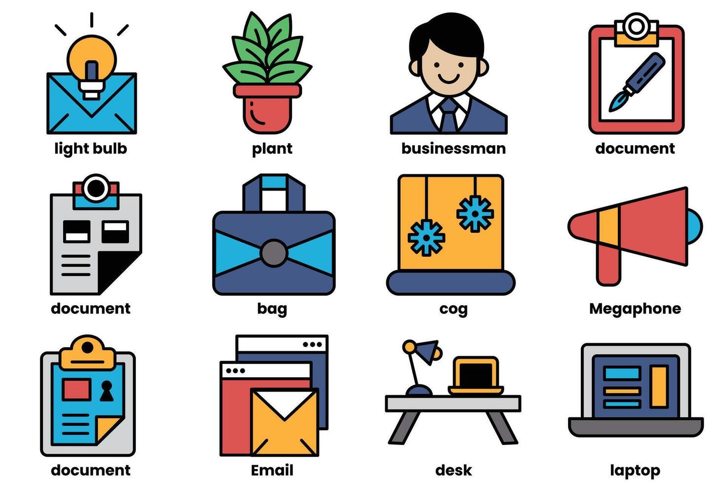 A collection of icons for various office items, including a laptop, a desk vector