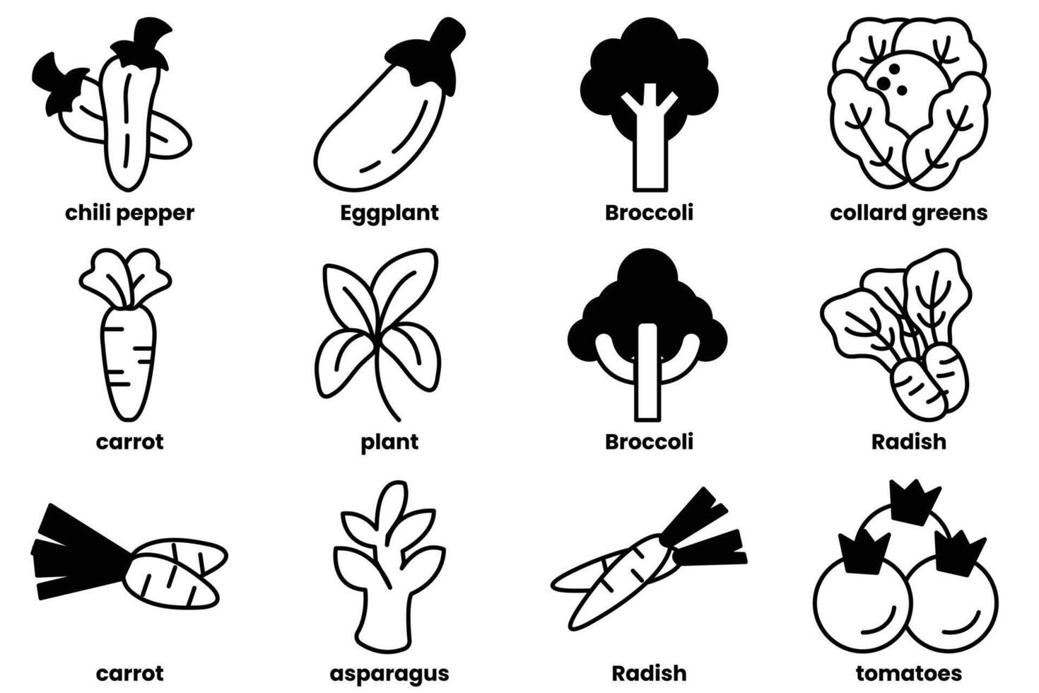 A collection of vegetables and plants are shown in a black and white drawing vector