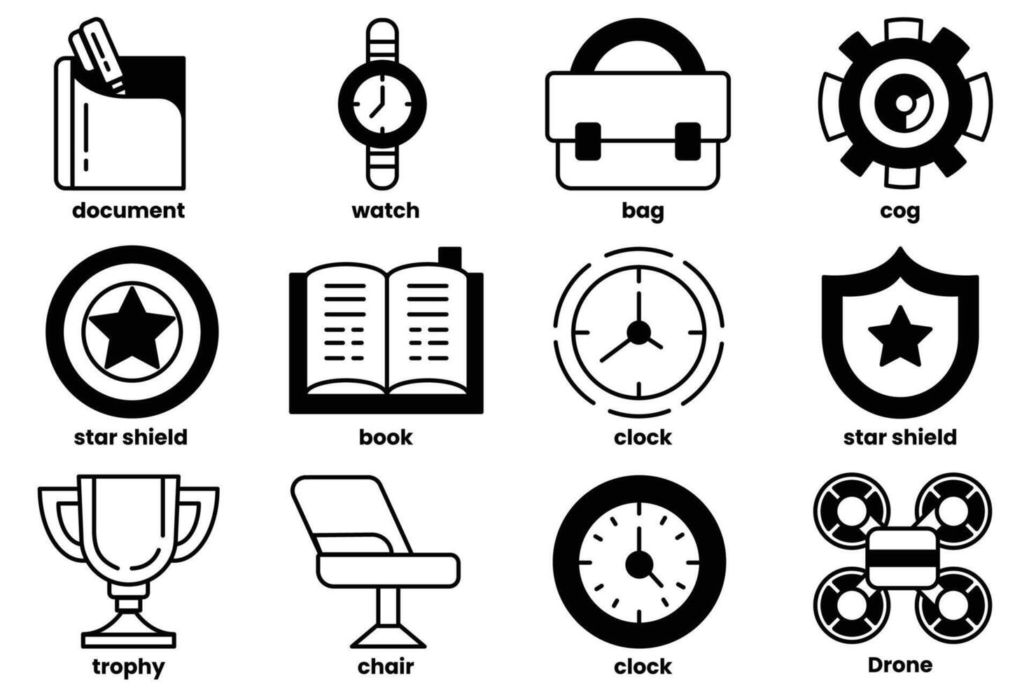 A collection of icons for various items such as a watch, book, and bag vector