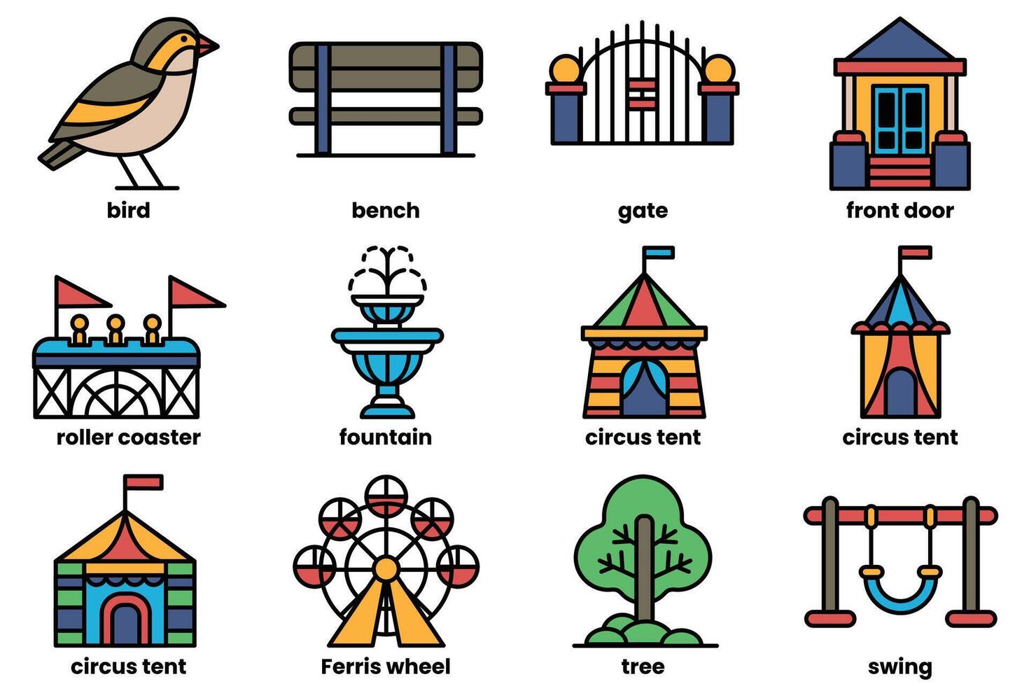 A series of black and white icons of various buildings and structures vector