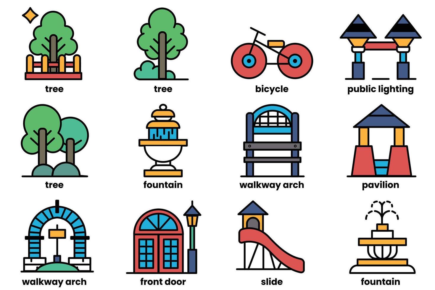 The image is a collection of various cityscape elements, including trees vector