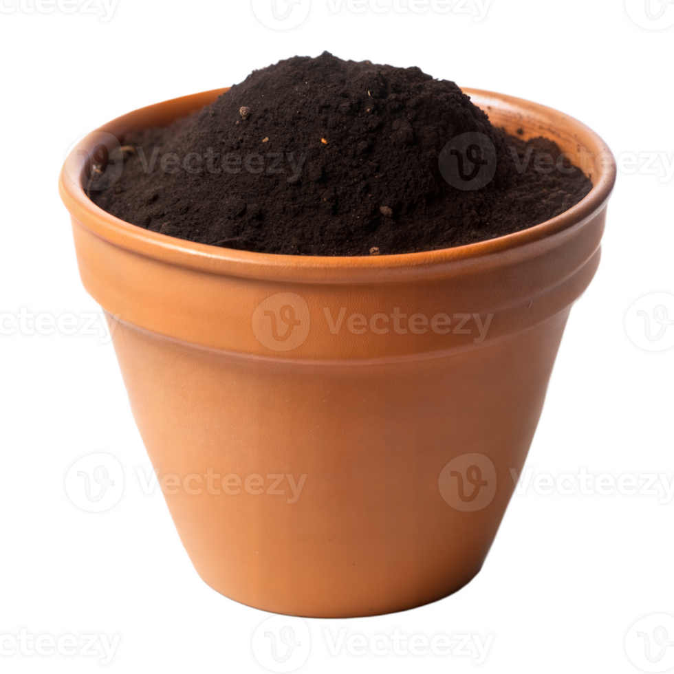 Clay pot filled with rich soil on transparent background png