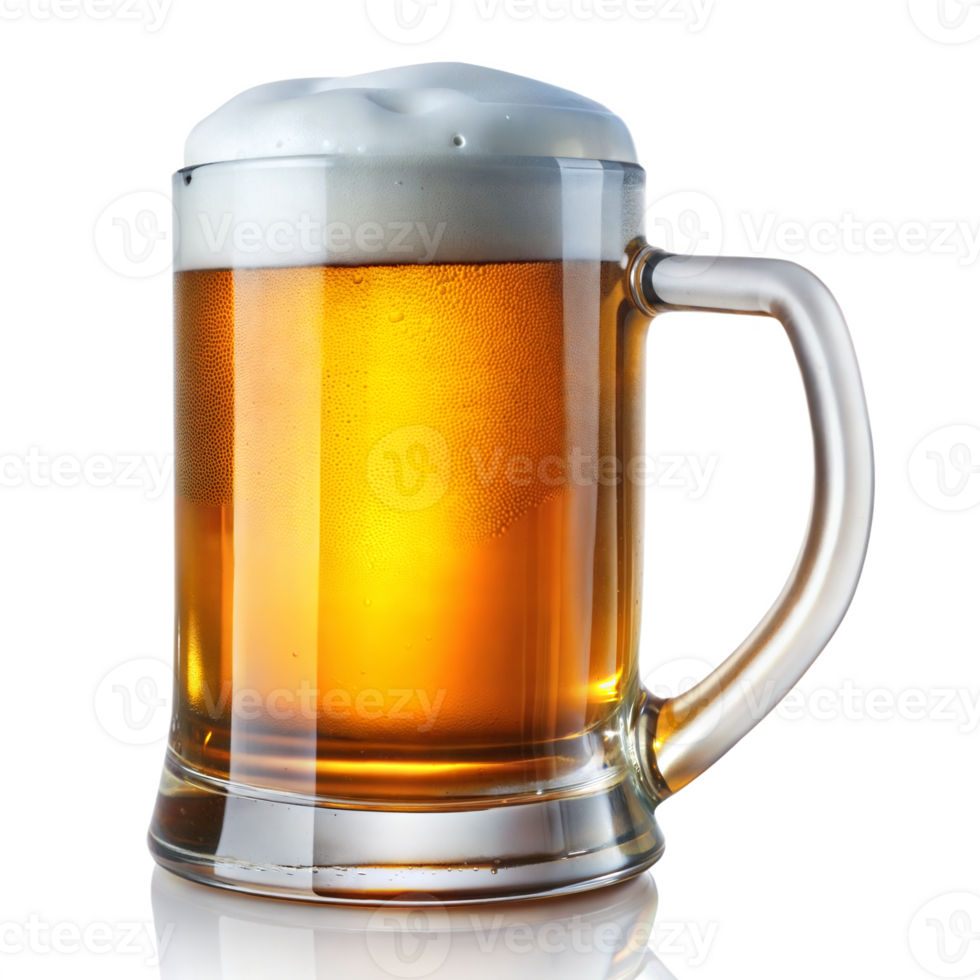Frosty beer mug filled with golden lager on transparent background png