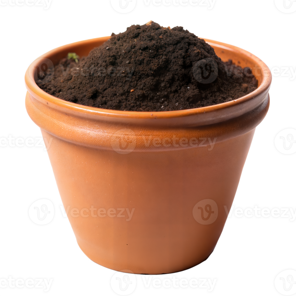 Terracotta pot with rich soil on transparent background png