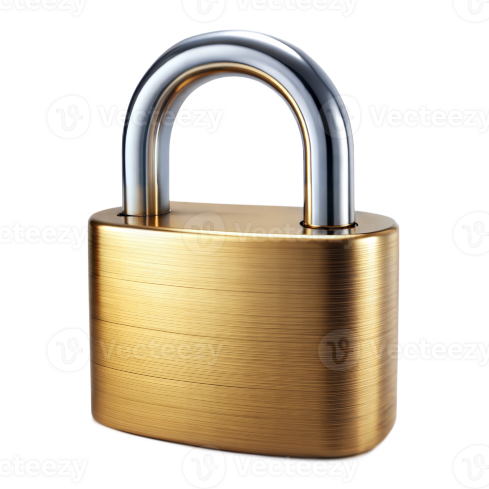 Golden padlock with silver shackle on transparent background png