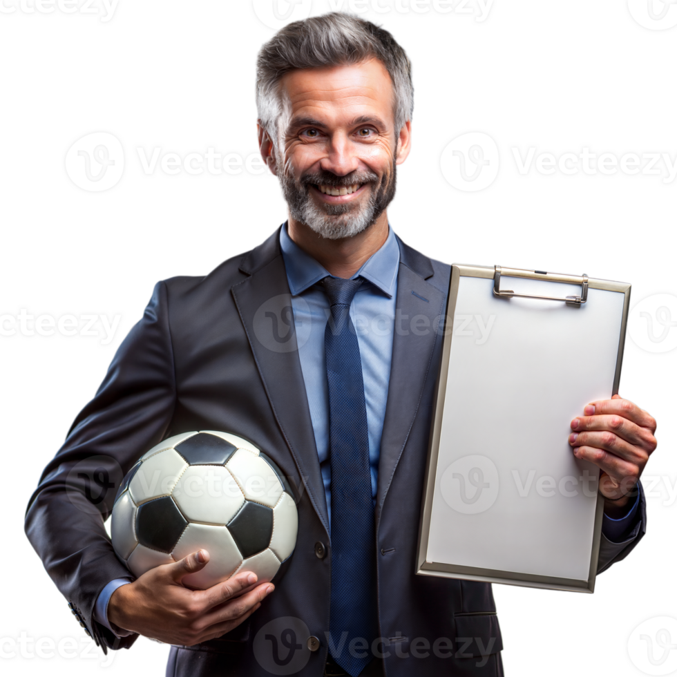 Professional soccer coach holding ball and clipboard on transparent background png