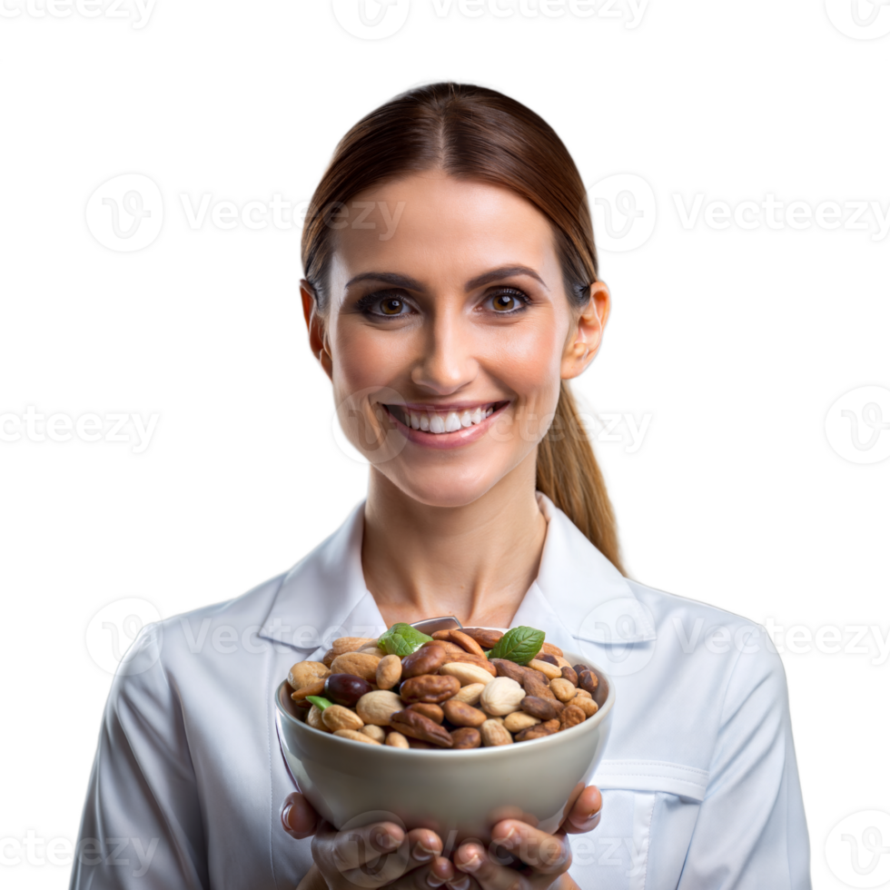 Smiling woman holding a bowl of mixed nuts on transparent background png