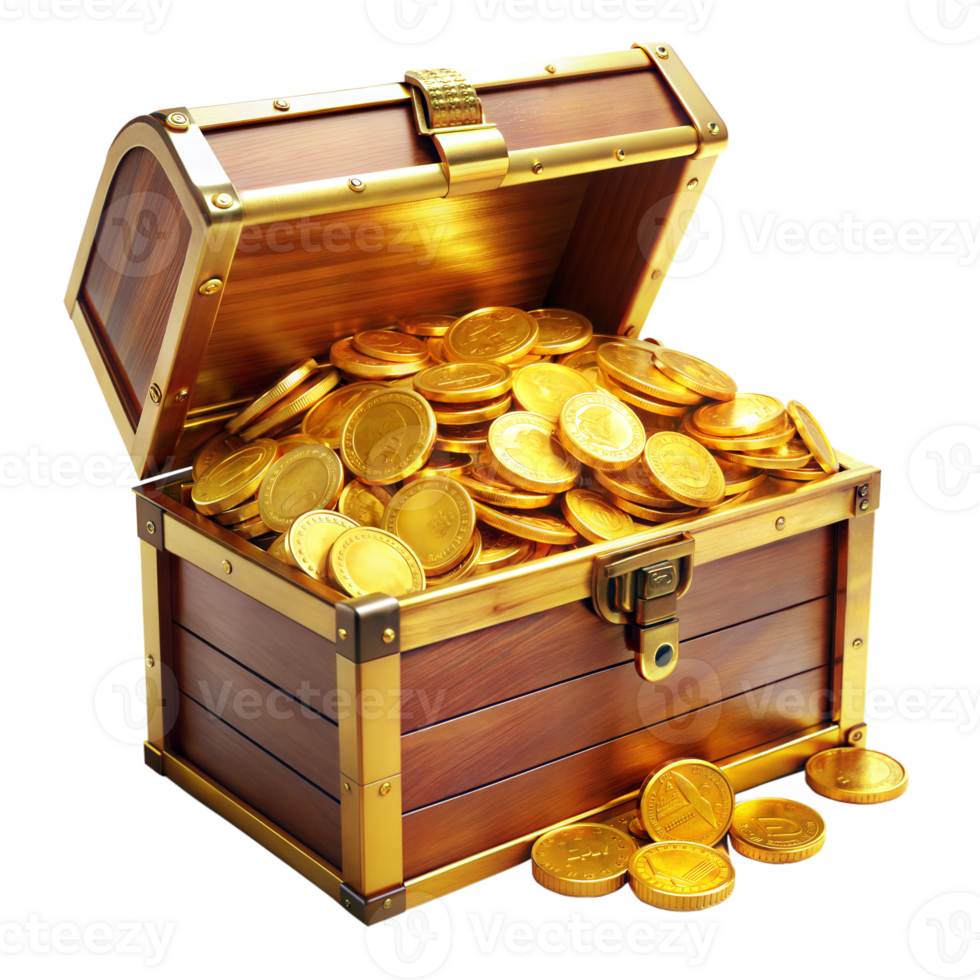Treasure chest filled with gold coins on transparent background png