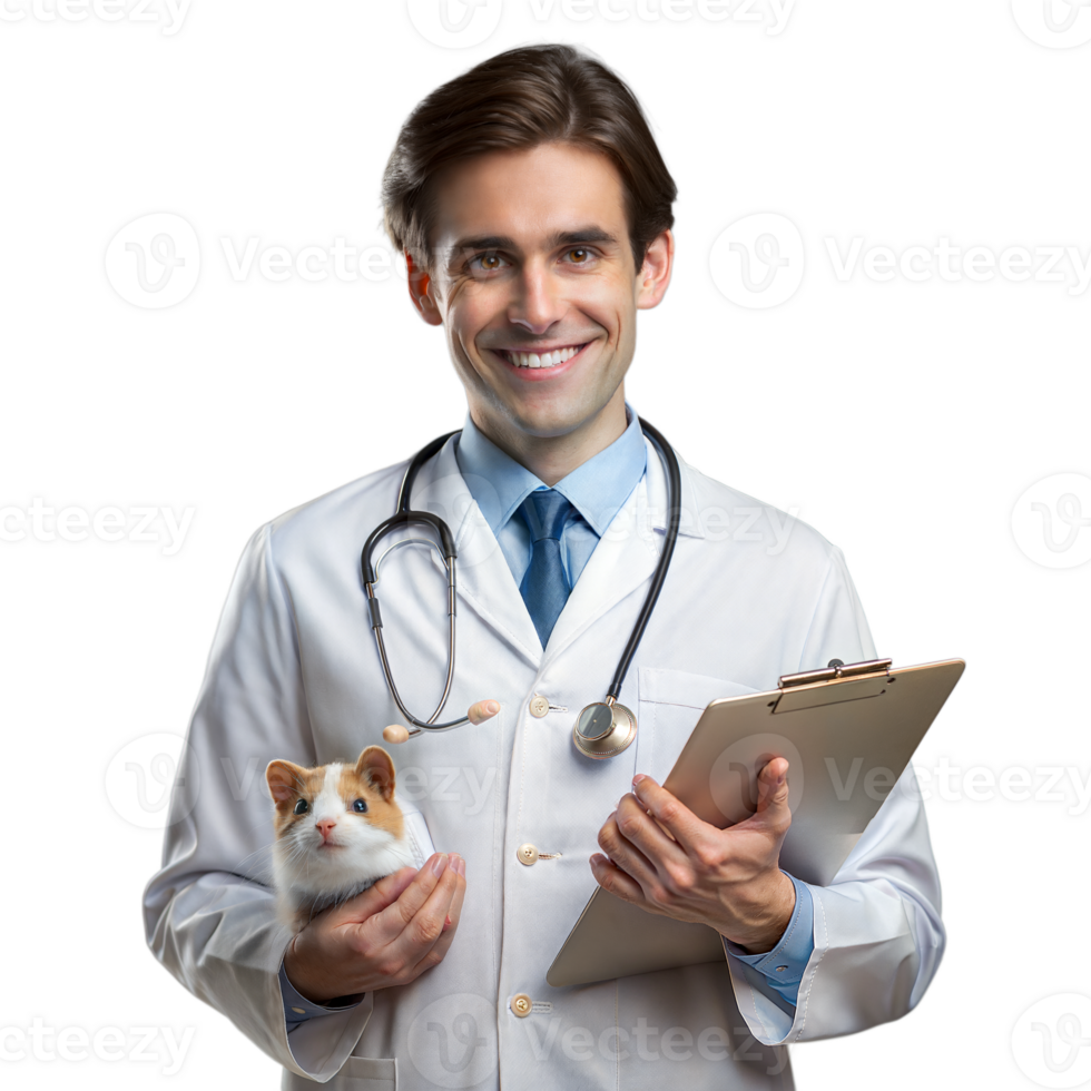 Smiling veterinarian holding a guinea pig with a clipboard on transparent background png