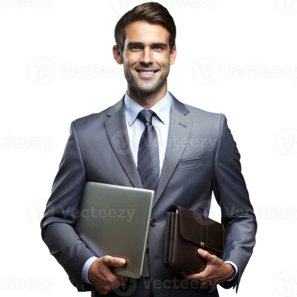 Confident businessman holding laptop and briefcase on transparent background png