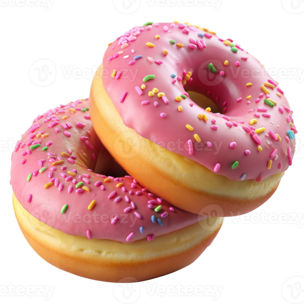 Two pink frosted donuts with colorful sprinkles on transparent background png