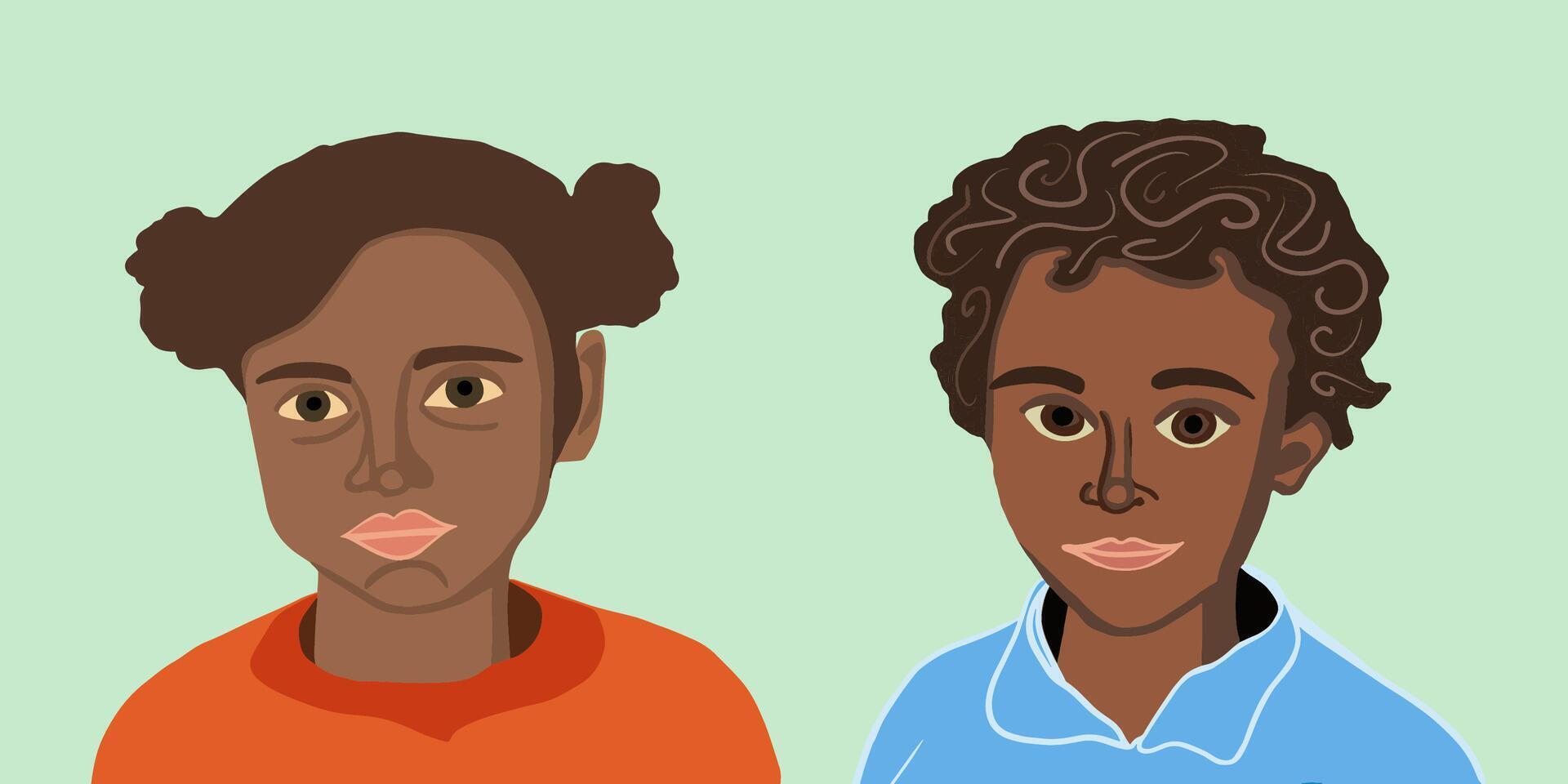 Illustration of a portrait of a black boy and girl. vector