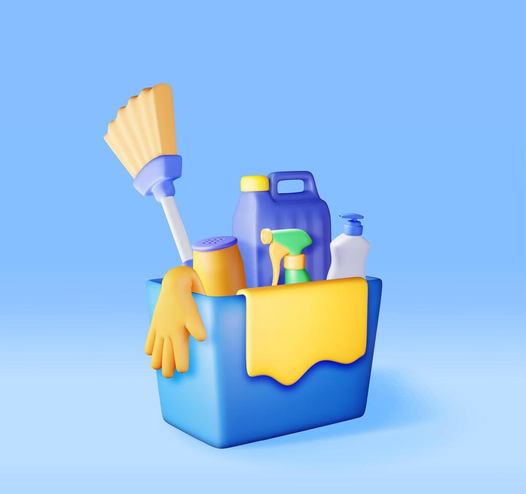 3D set of home cleaning tools isolated. Render collection of accessories for washing dishes and house cleaning. Bottle of detergent, soap gloves. Bucket, mop broom. vector