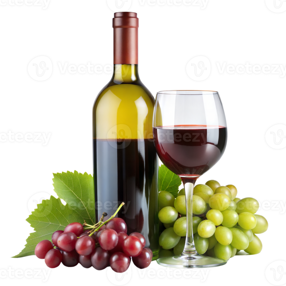 Wine bottle with glass and grapes on transparent background png