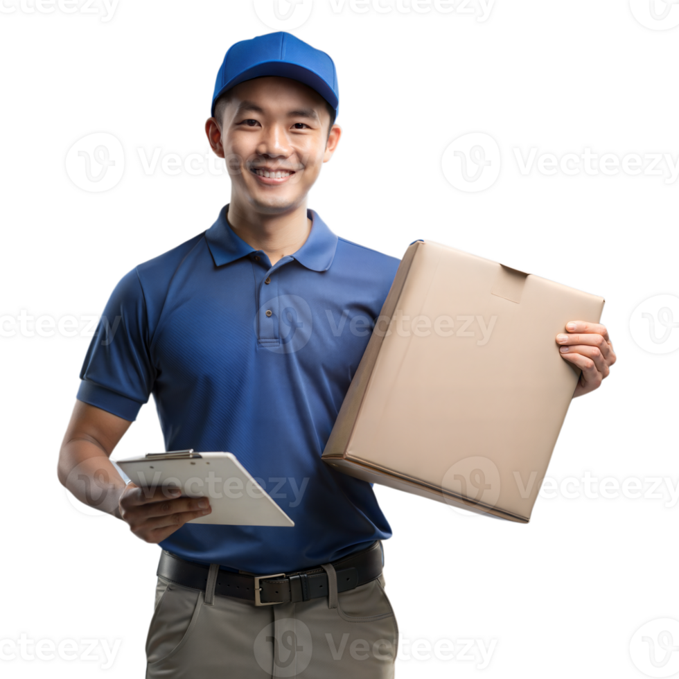Smiling delivery man holding package and clipboard on transparent background png