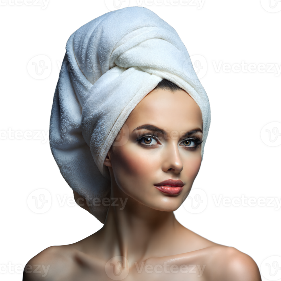 Beautiful woman with towel wrapped hair on transparent background png