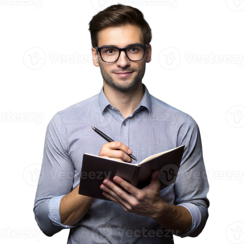 Young businessman with notebook and pen on transparent background png