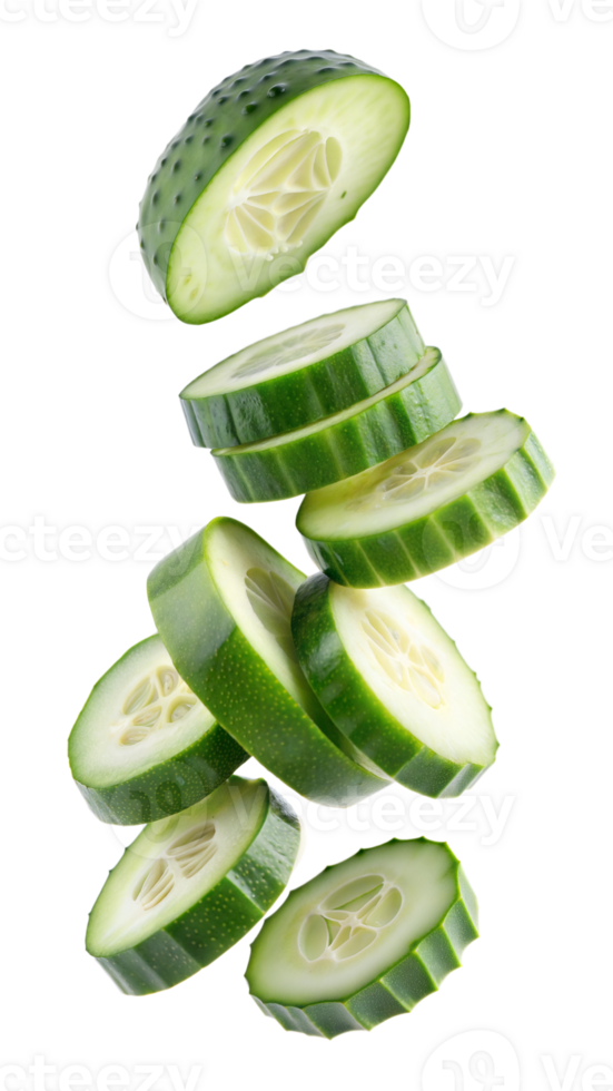 Fresh cucumber slices floating on transparent background png
