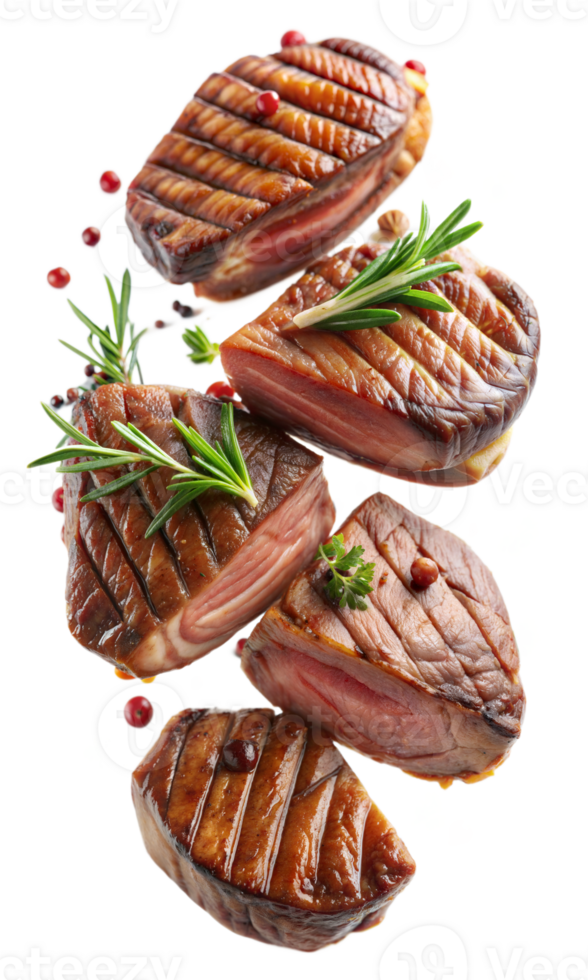 Grilled steaks with herbs and seasoning on transparent background png