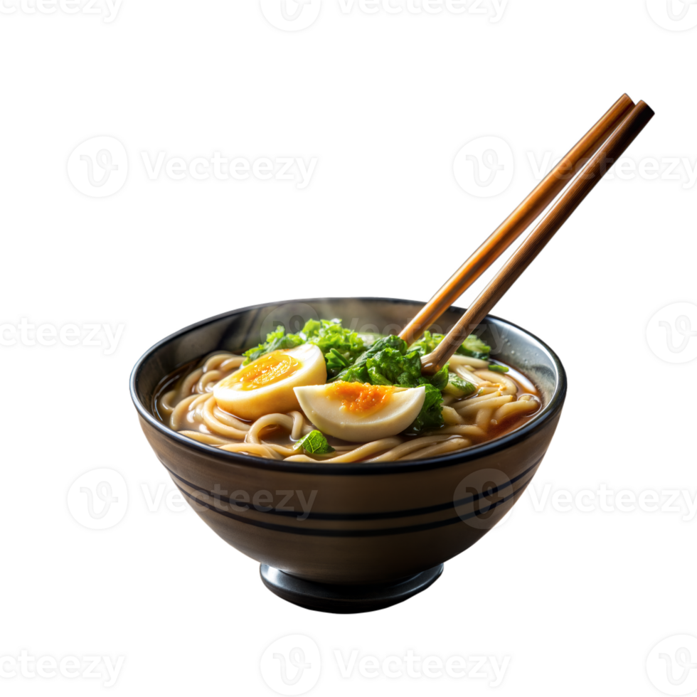 Delicious bowl of ramen noodles with egg and chopsticks png
