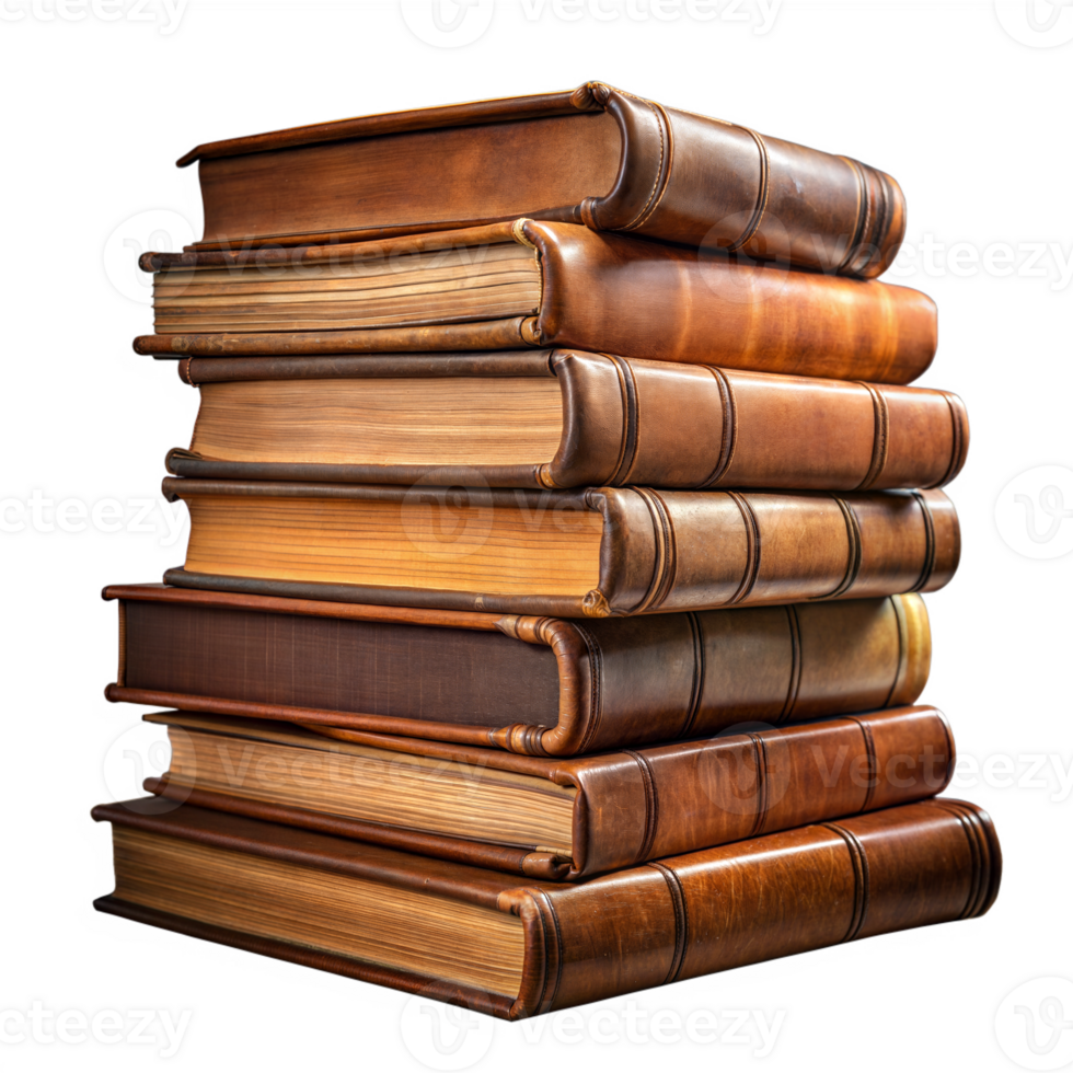 Stack of vintage leather bound books on transparent background png