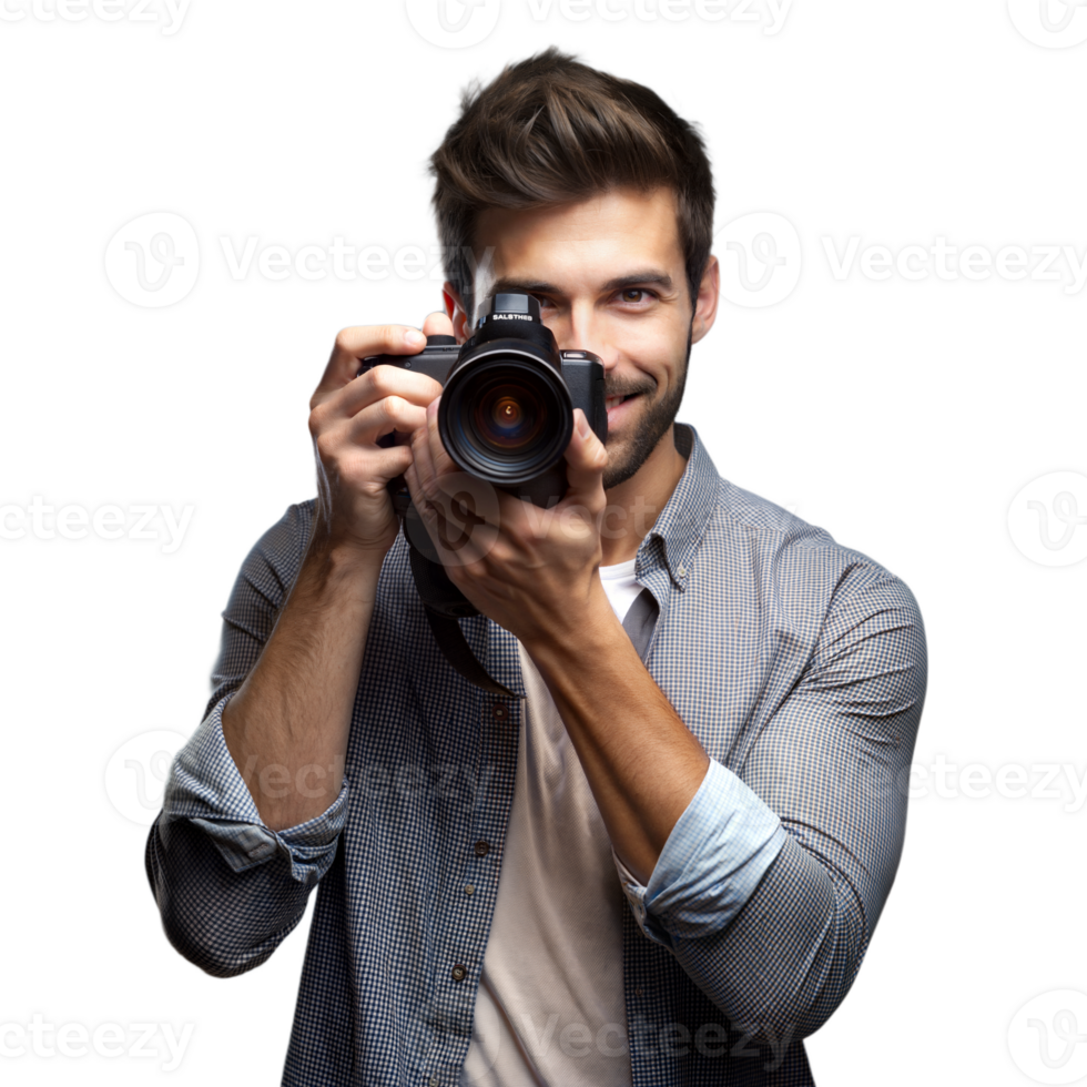 Smiling photographer with camera on transparent background png
