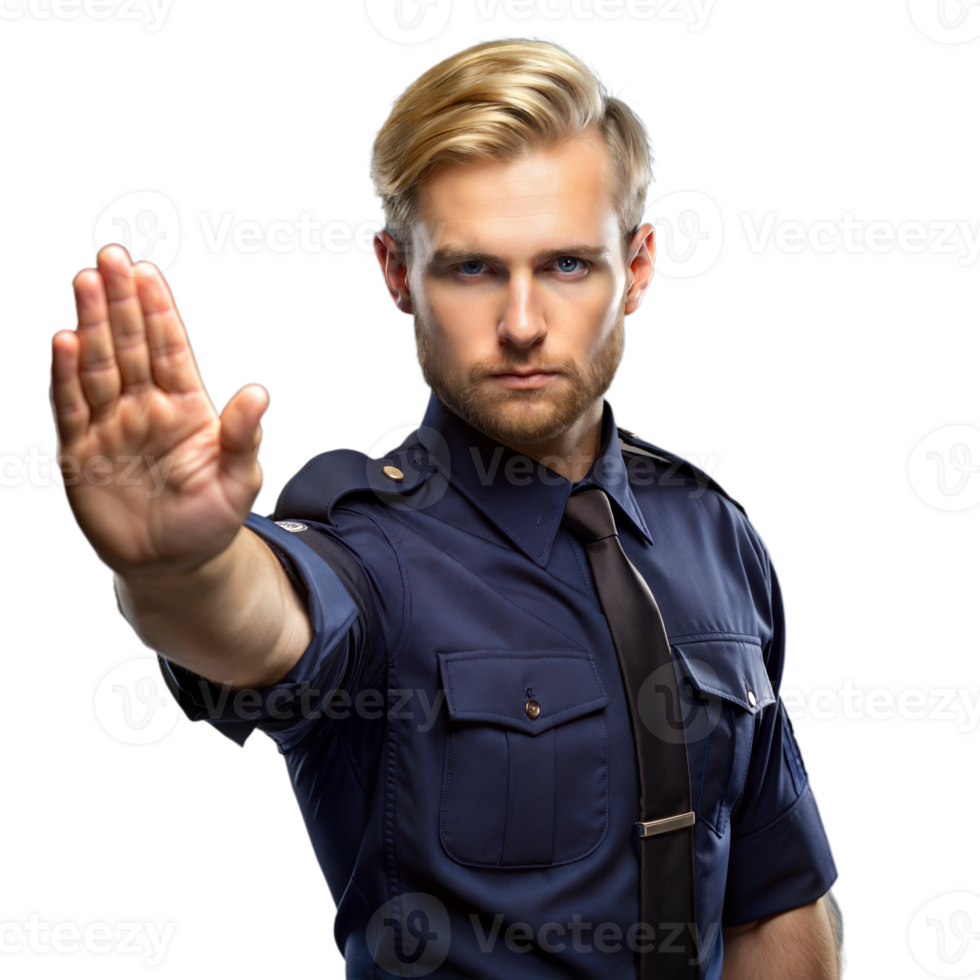 Serious police officer making a stop gesture on transparent background png