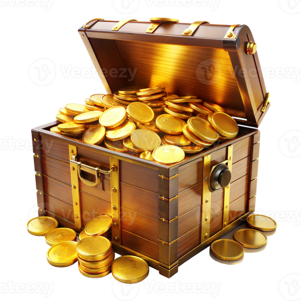 Treasure chest filled with gold coins on transparent background png