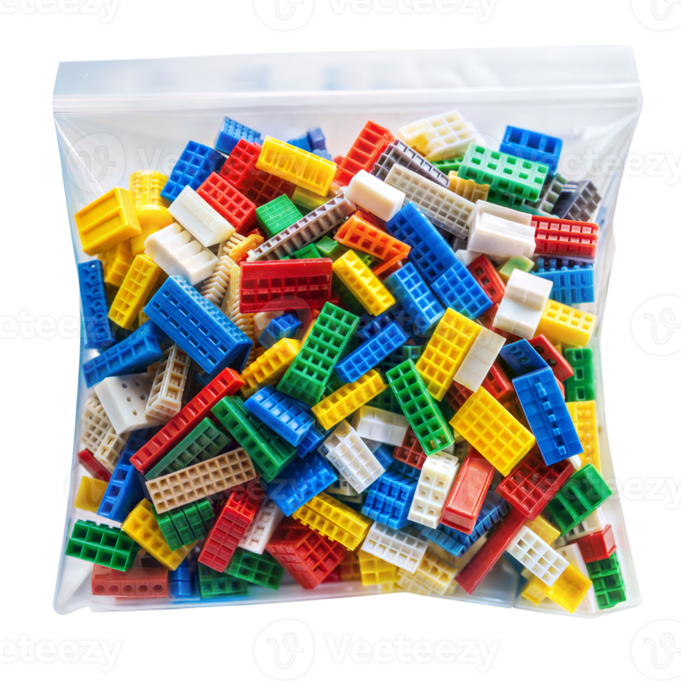 Plastic construction building blocks in a transparent bag png