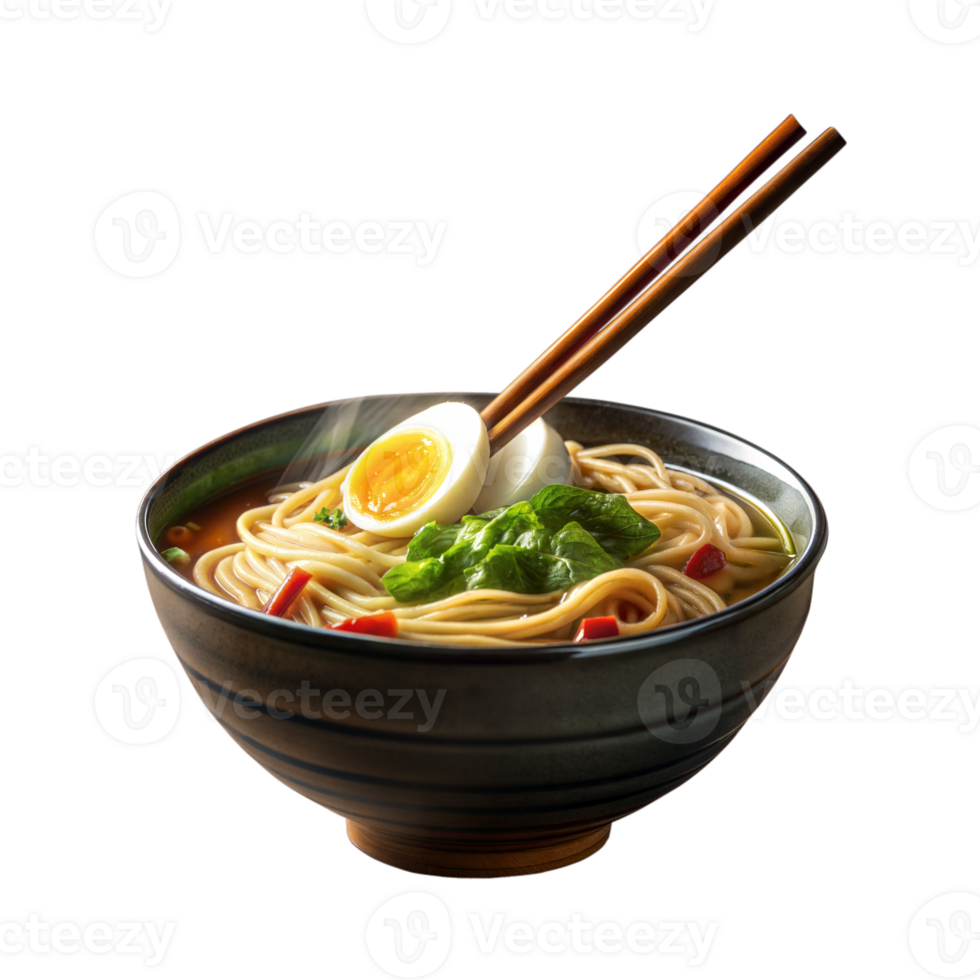 Bowl of ramen with egg and chopsticks on transparent background png