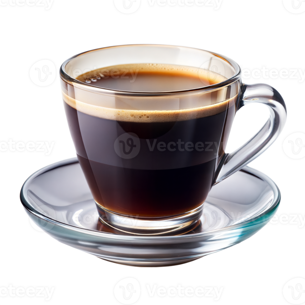 Clear glass cup filled with hot black coffee on saucer png