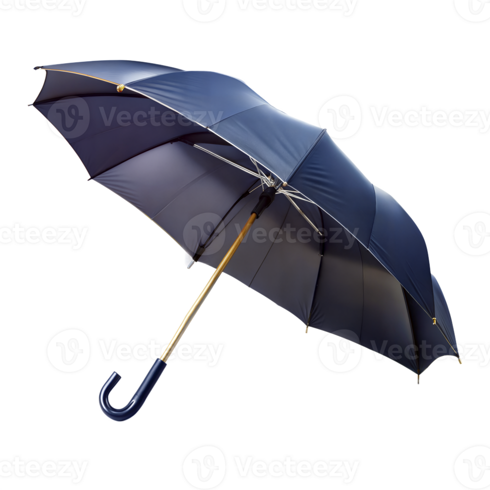 Elegant black umbrella with wooden handle on transparent background png