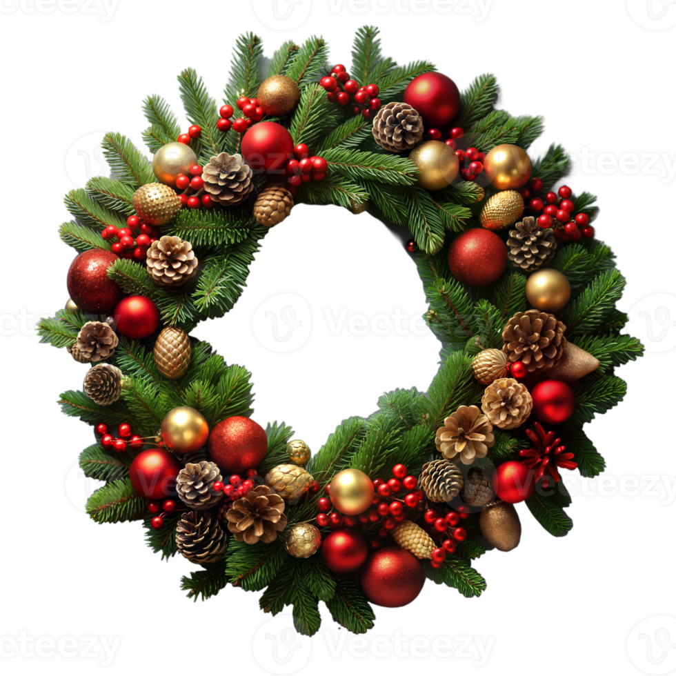 Festive Christmas wreath with decorations on transparent background png