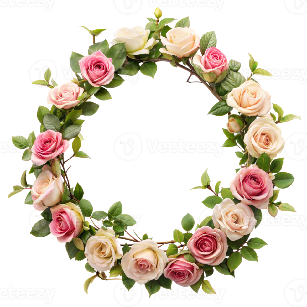 Elegant rose wreath with pink and white flowers on transparent background png