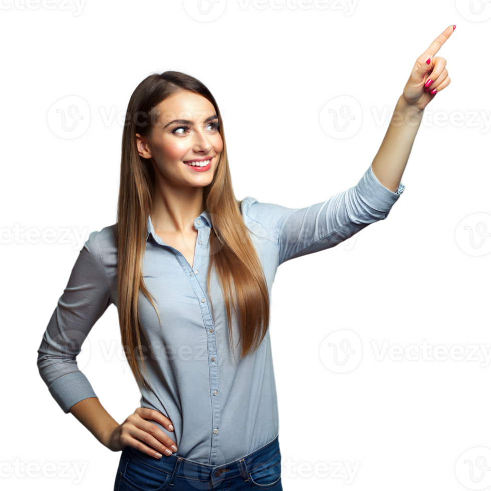 Smiling woman pointing upwards on transparent background png