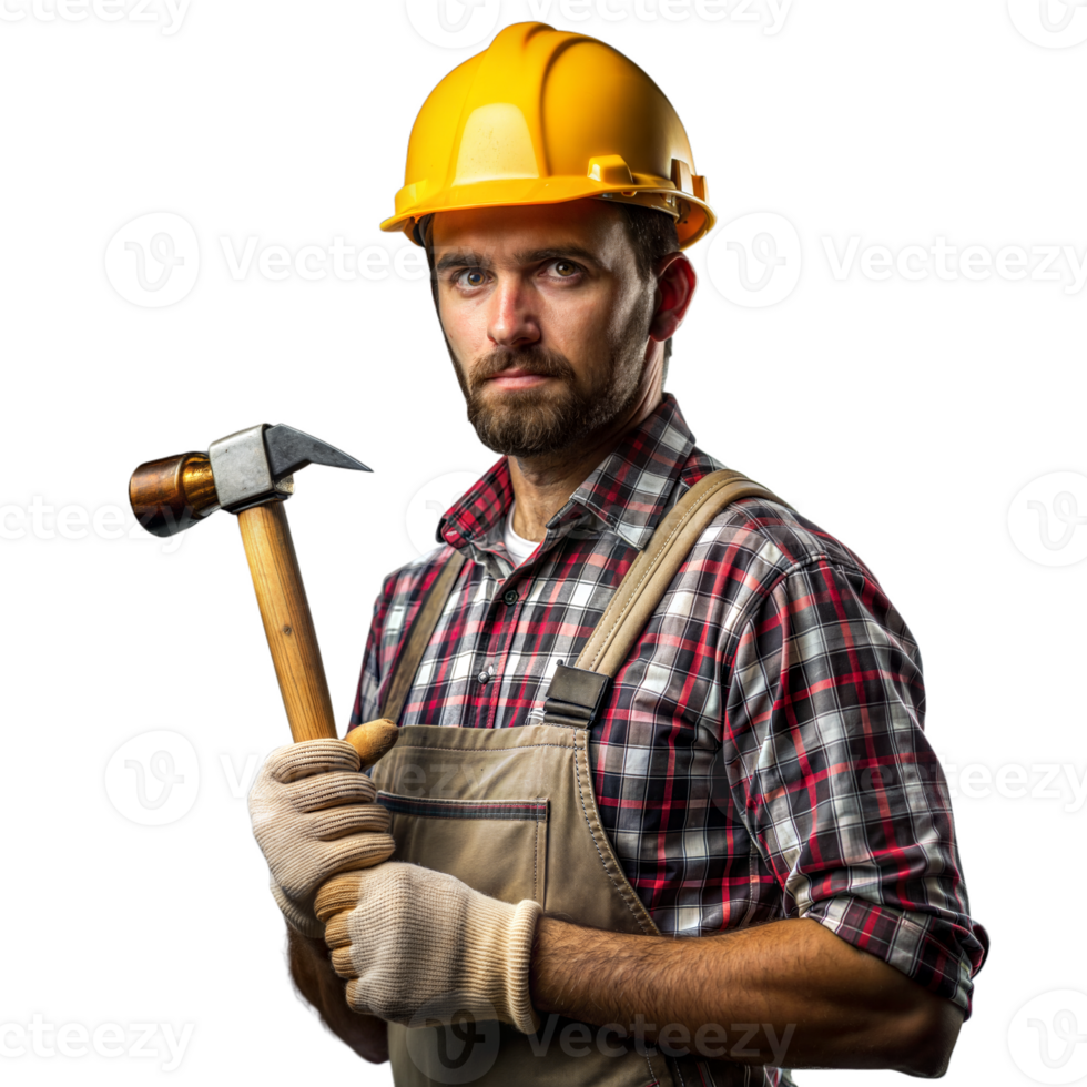 Construction worker holding a hammer on transparent background png