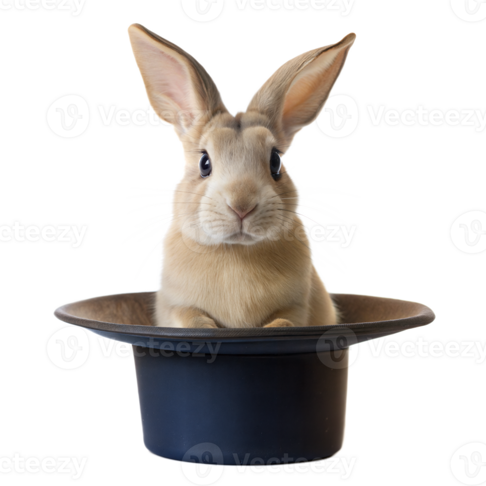 Cute bunny rabbit inside magician's hat on transparent background png
