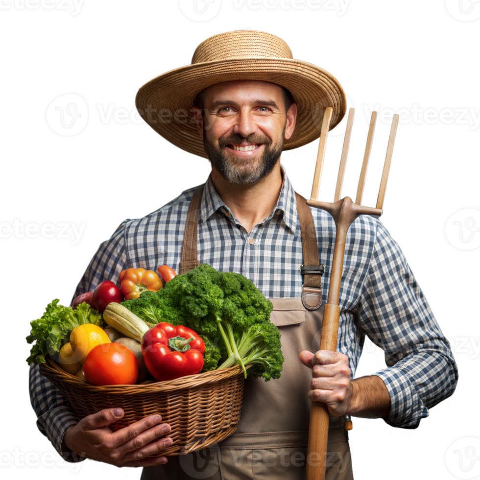 Smiling farmer holds basket of fresh vegetables on transparent background png