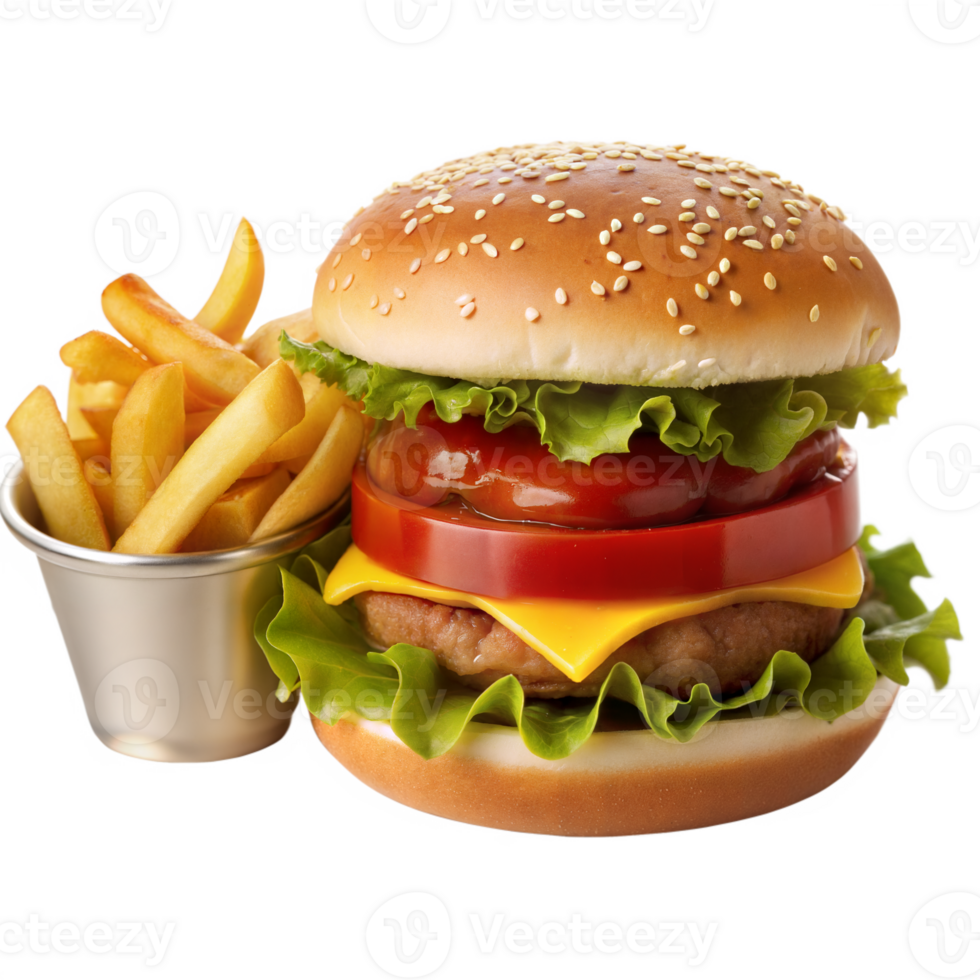 Delicious cheeseburger with french fries on transparent background png