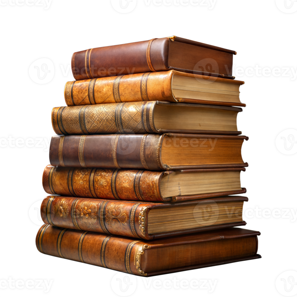 Stack of antique leather-bound books on transparent background png