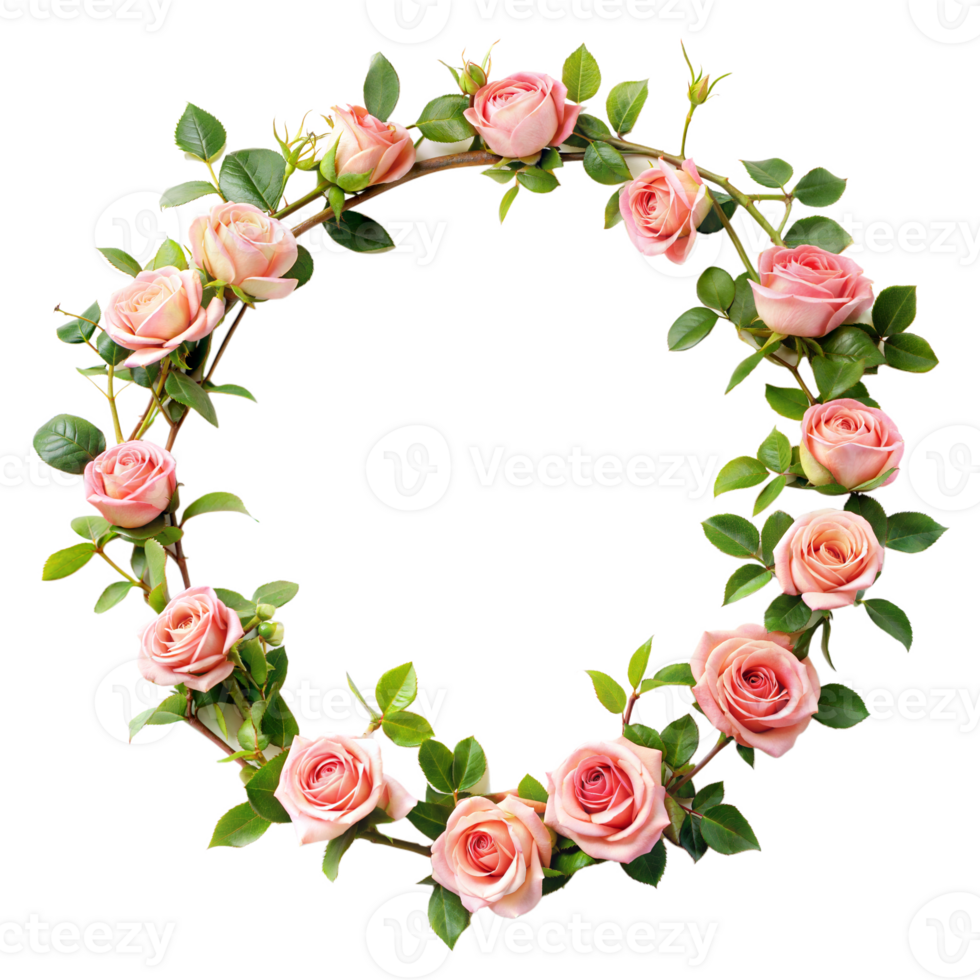 Beautiful floral wreath with pink roses on transparent background png