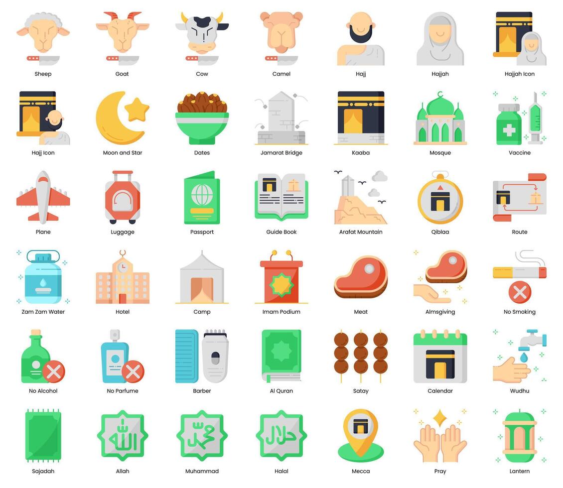 Eid Al Adha and Hajj Icon Pack in Flat Style Suitable for Web and Apps icon, Poster, or Social Media Purpose vector