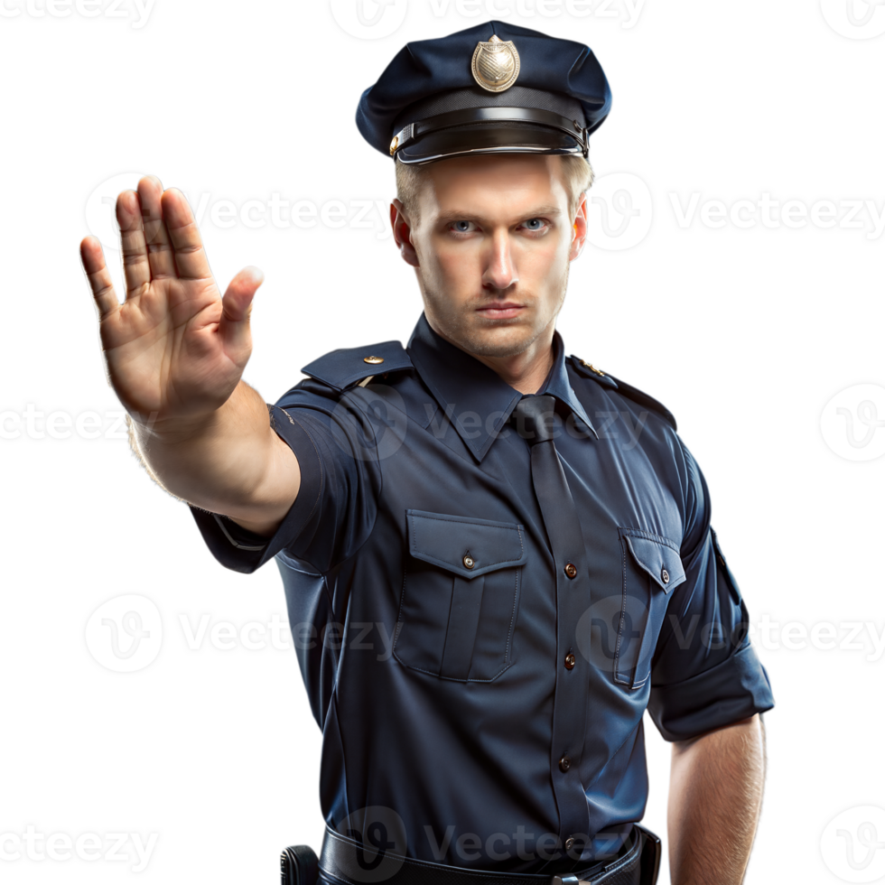 Police officer signaling stop with hand on transparent background png